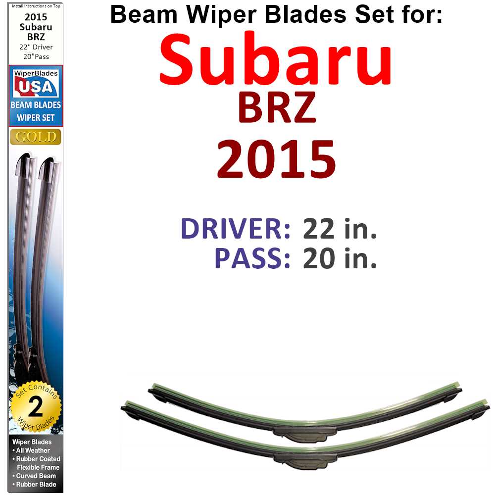 Set of 2 Beam Wiper Blades designed for 2015 Subaru BRZ, showcasing their flexible and durable construction.