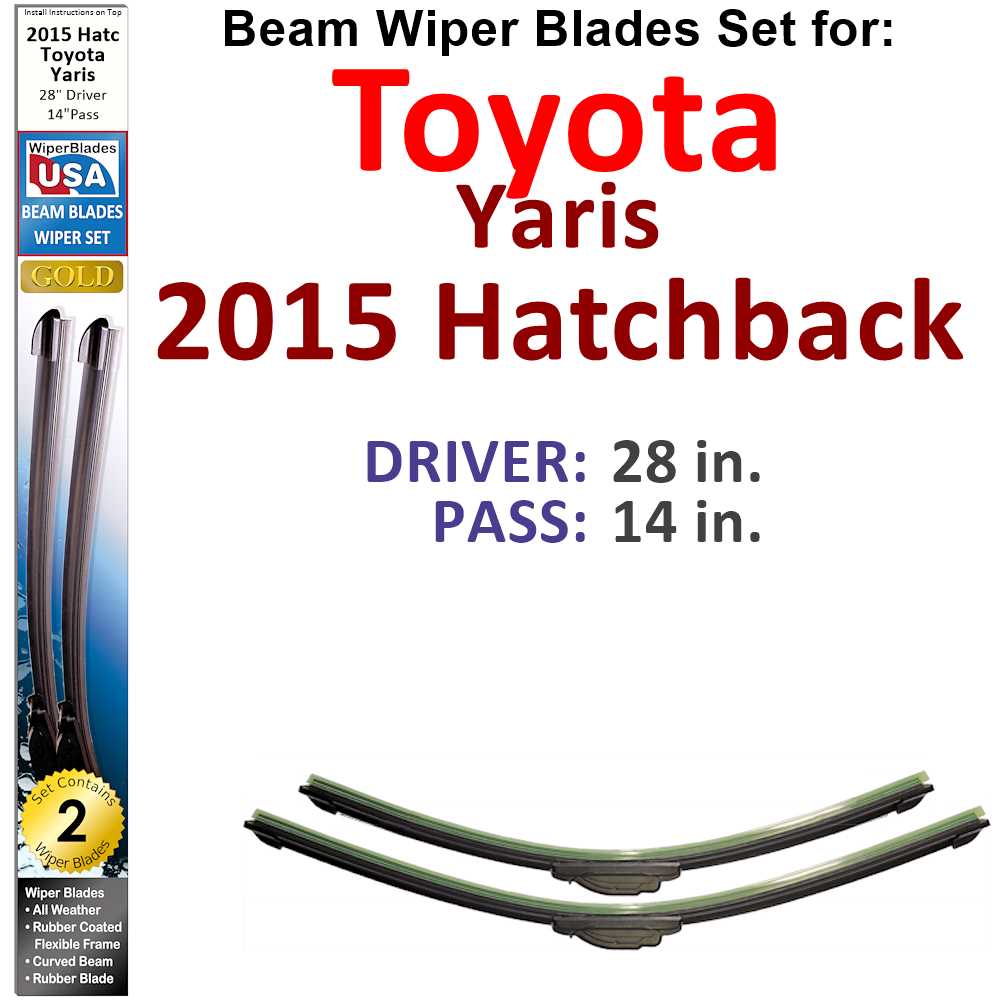 Set of 2 Beam Wiper Blades designed for 2015 Toyota Yaris Hatchback, showcasing their flexible and durable construction.