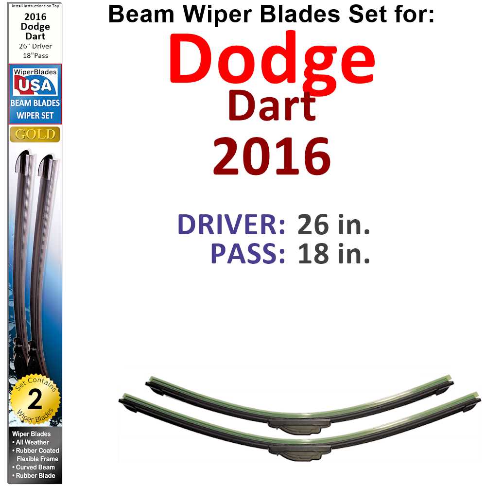 Set of two Beam Wiper Blades designed for 2016 Dodge Dart, showcasing their flexible and durable construction.