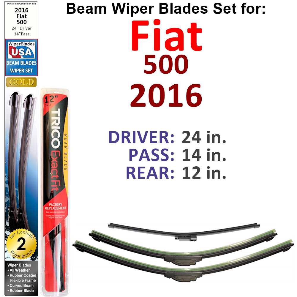 Set of Beam Wiper Blades designed for 2016 Fiat 500, showcasing their flexible and durable construction.