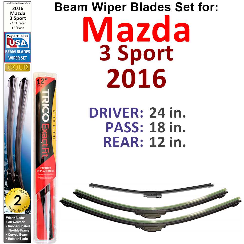 Set of 3 Beam Wiper Blades designed for 2016 Mazda 3 Sport, showcasing their flexible and durable construction.