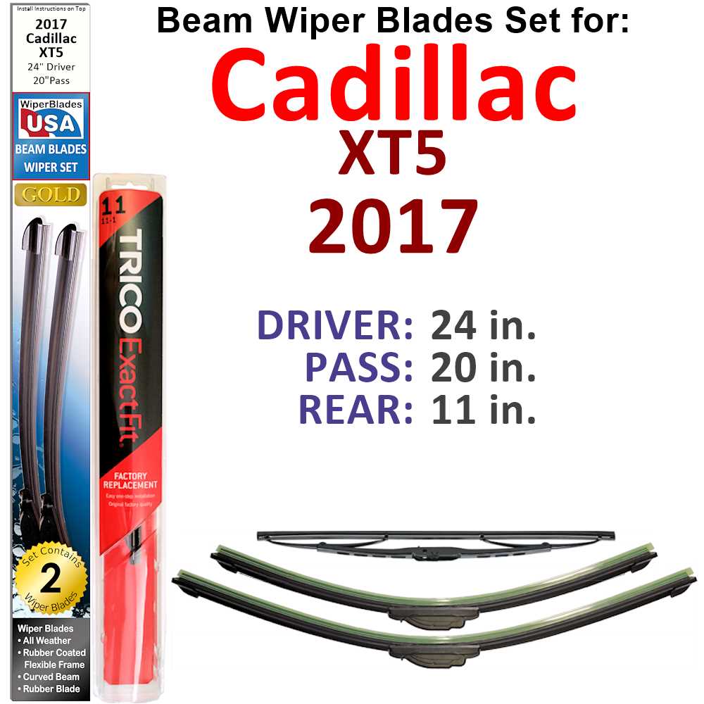 Set of 3 Beam Wiper Blades designed for 2017 Cadillac XT5, showcasing their flexible and durable construction.