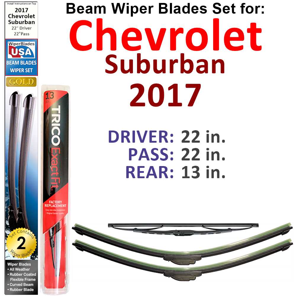 Set of 3 Beam Wiper Blades designed for 2017 Chevrolet Suburban, showcasing their flexible and durable construction.