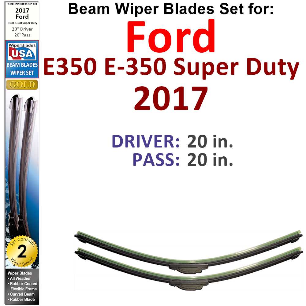 Set of two Beam Wiper Blades designed for 2017 Ford E350 E-350 Super Duty, showcasing their flexible and durable design.