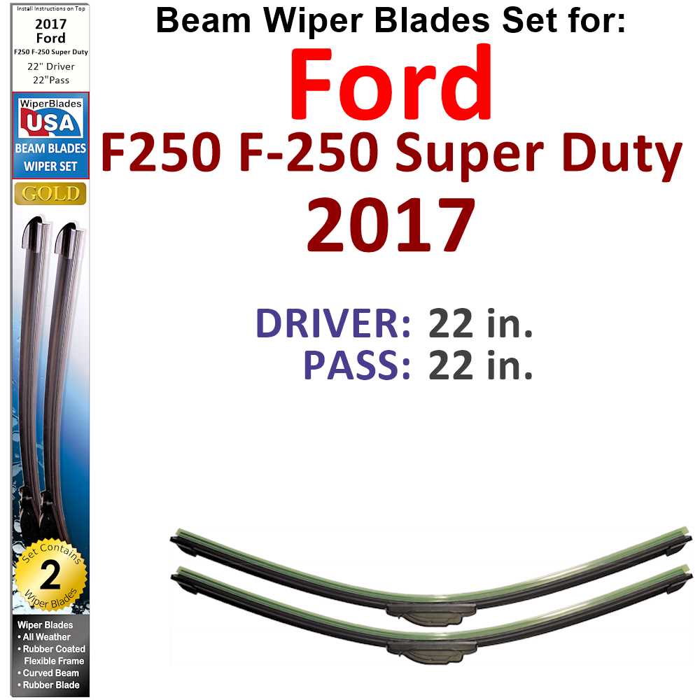 Set of two Beam Wiper Blades designed for 2017 Ford F250 F-250 Super Duty, showcasing their flexible and durable construction.