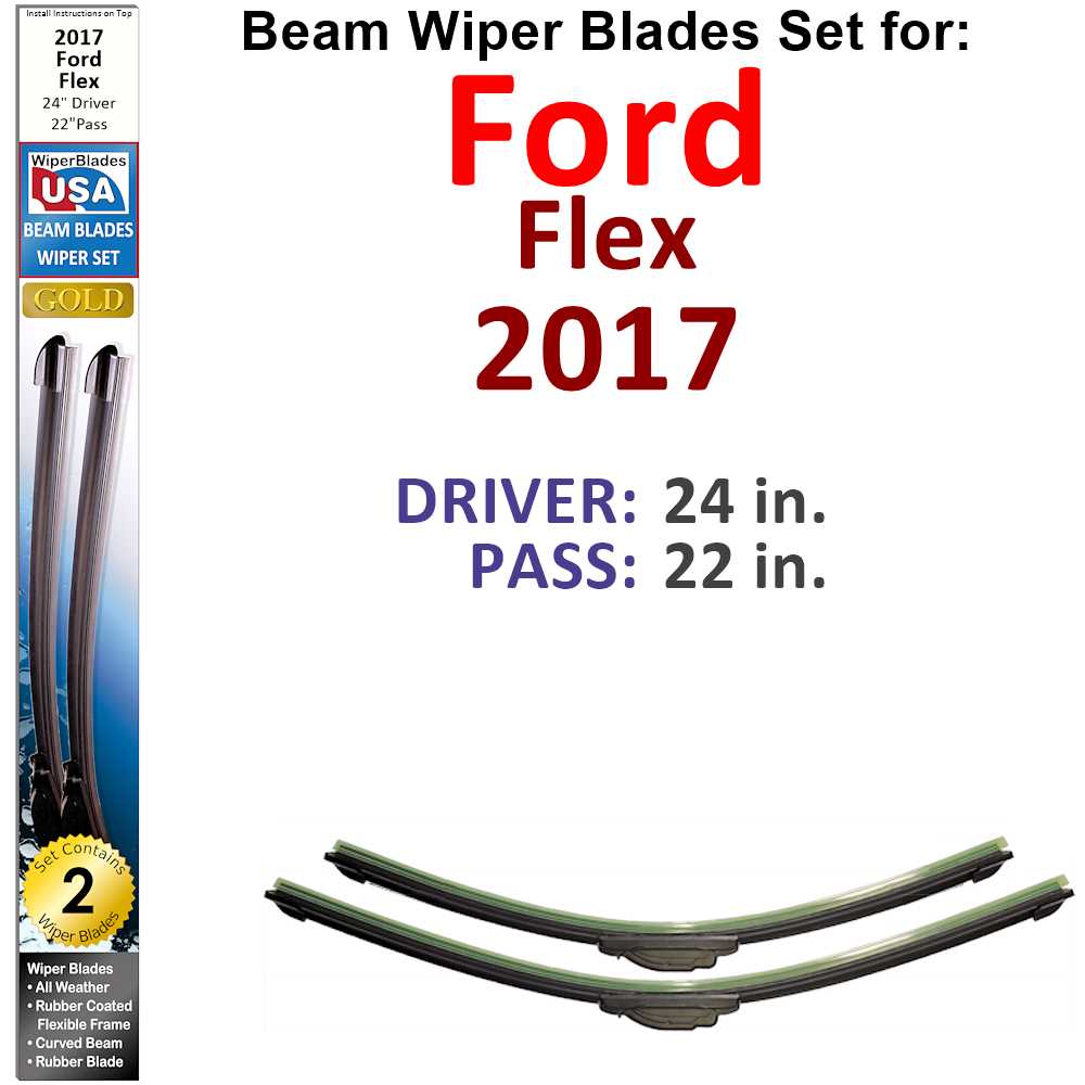 Set of two Beam Wiper Blades designed for 2017 Ford Flex, showcasing their flexible design and rubber-encased metal spine.