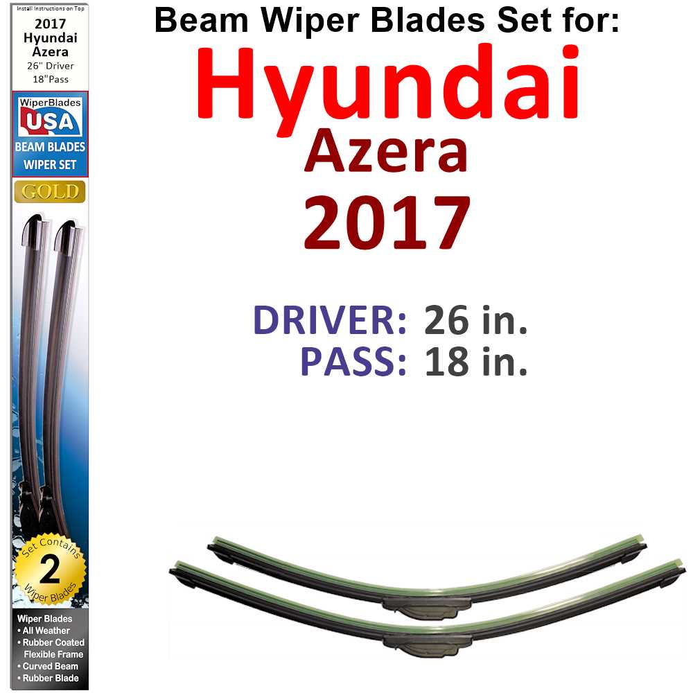 Set of 2 Beam Wiper Blades designed for 2017 Hyundai Azera, showcasing their flexible and durable construction.