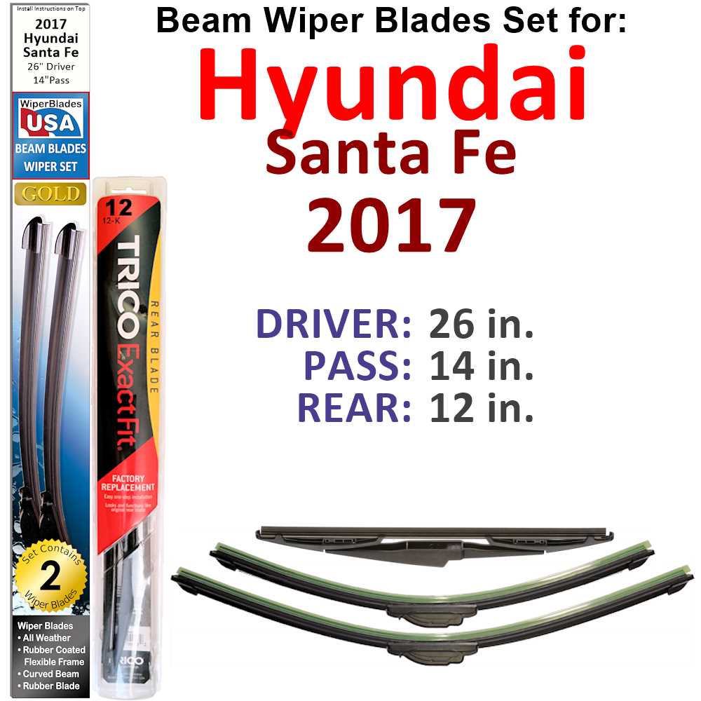 Set of 3 Beam Wiper Blades designed for 2017 Hyundai Santa Fe, showcasing their flexible and durable design.
