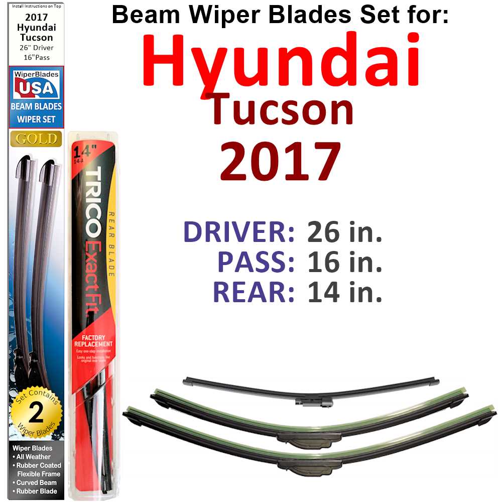 Set of 3 Beam Wiper Blades designed for 2017 Hyundai Tucson, showcasing their flexible and durable construction.