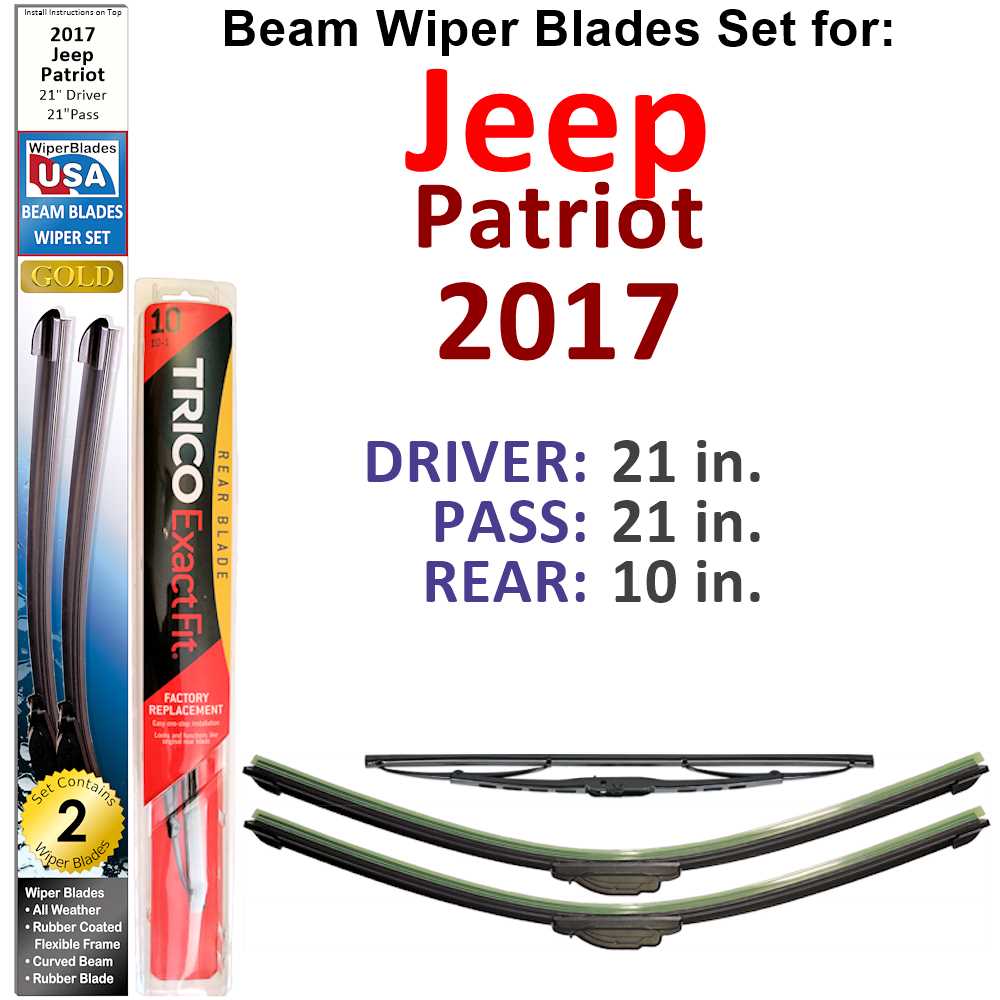 Set of 3 Beam Wiper Blades designed for 2017 Jeep Patriot, showcasing their flexible and durable construction.