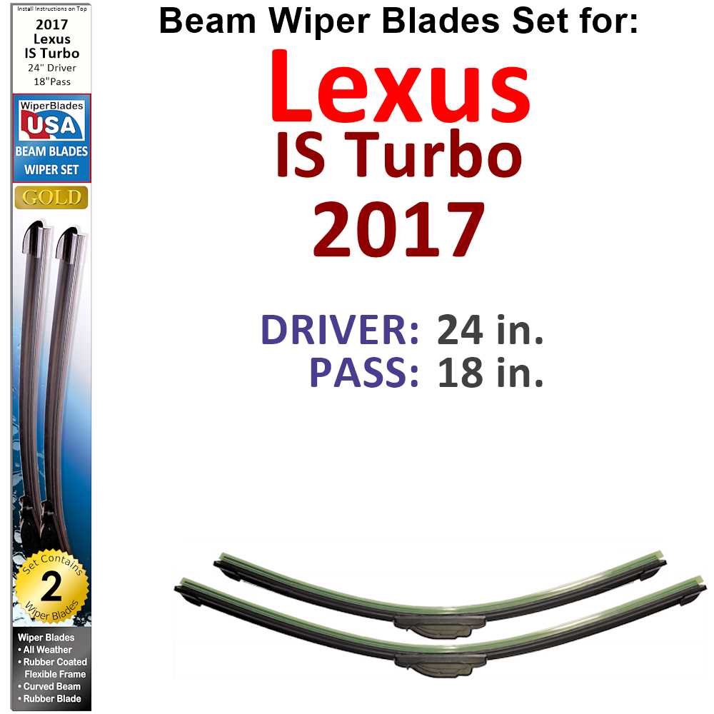 Set of Beam Wiper Blades for 2017 Lexus IS Turbo, showcasing flexible design and rubber-covered spine for durability.