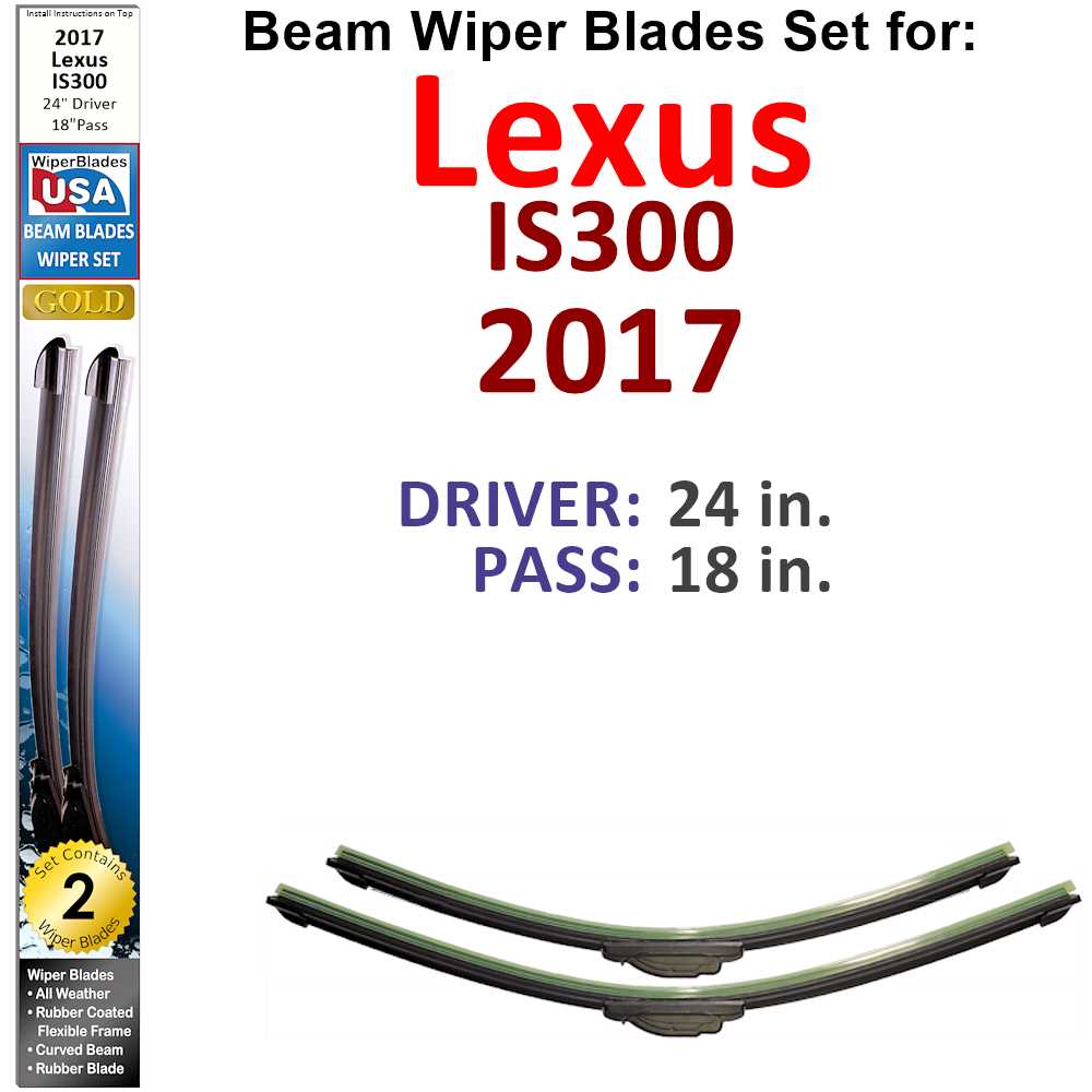 Set of two Beam Wiper Blades designed for 2017 Lexus IS300, showcasing their flexible and durable construction.