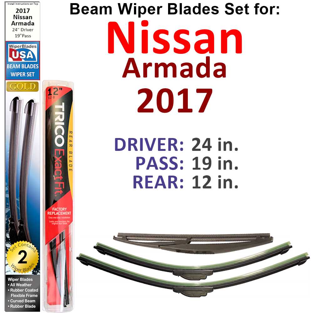 Set of 3 Beam Wiper Blades designed for 2017 Nissan Armada, showcasing their flexible and durable construction.