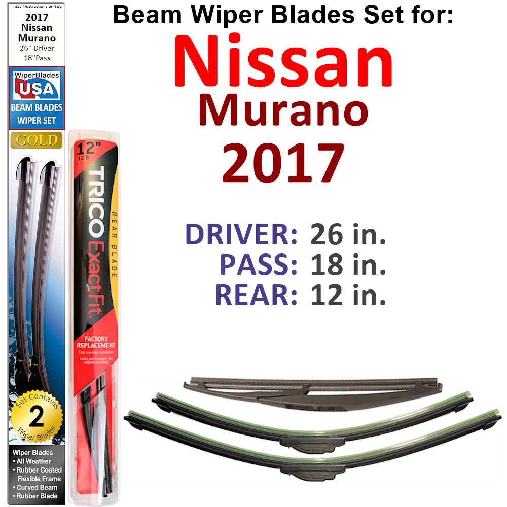 Set of 3 Beam Wiper Blades designed for 2017 Nissan Murano, showcasing their flexible and sealed construction for optimal performance.