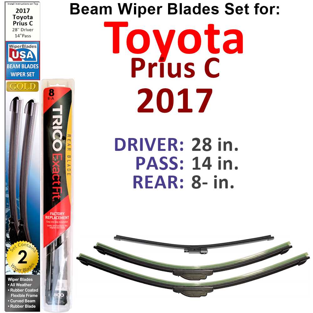 Set of 3 Beam Wiper Blades designed for 2017 Toyota Prius C, showcasing their flexible and durable construction.