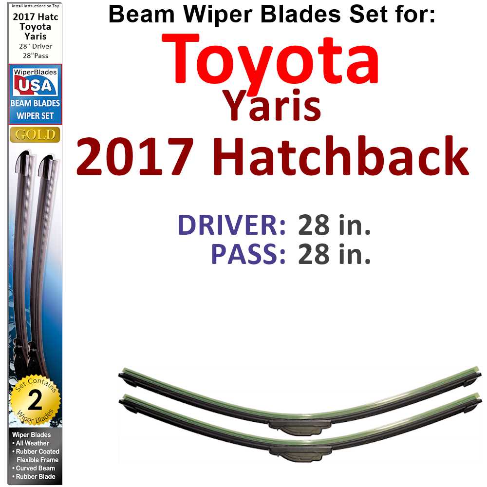 Set of two Beam Wiper Blades designed for 2017 Toyota Yaris Hatchback, showcasing their flexible and durable design.