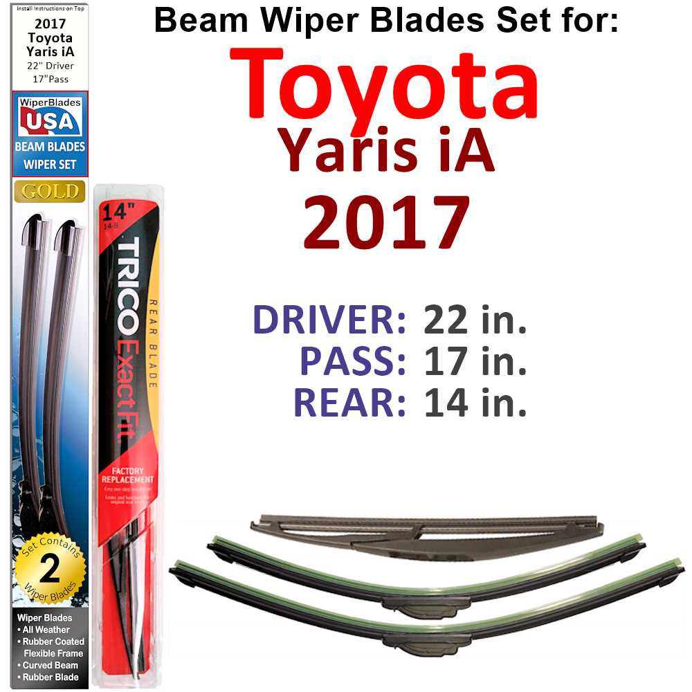 Set of 3 Beam Wiper Blades designed for 2017 Toyota Yaris iA, showcasing their flexible and durable construction.