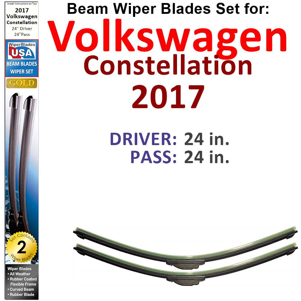 Set of two Beam Wiper Blades designed for 2017 Volkswagen Constellation, showcasing their flexible and durable construction.