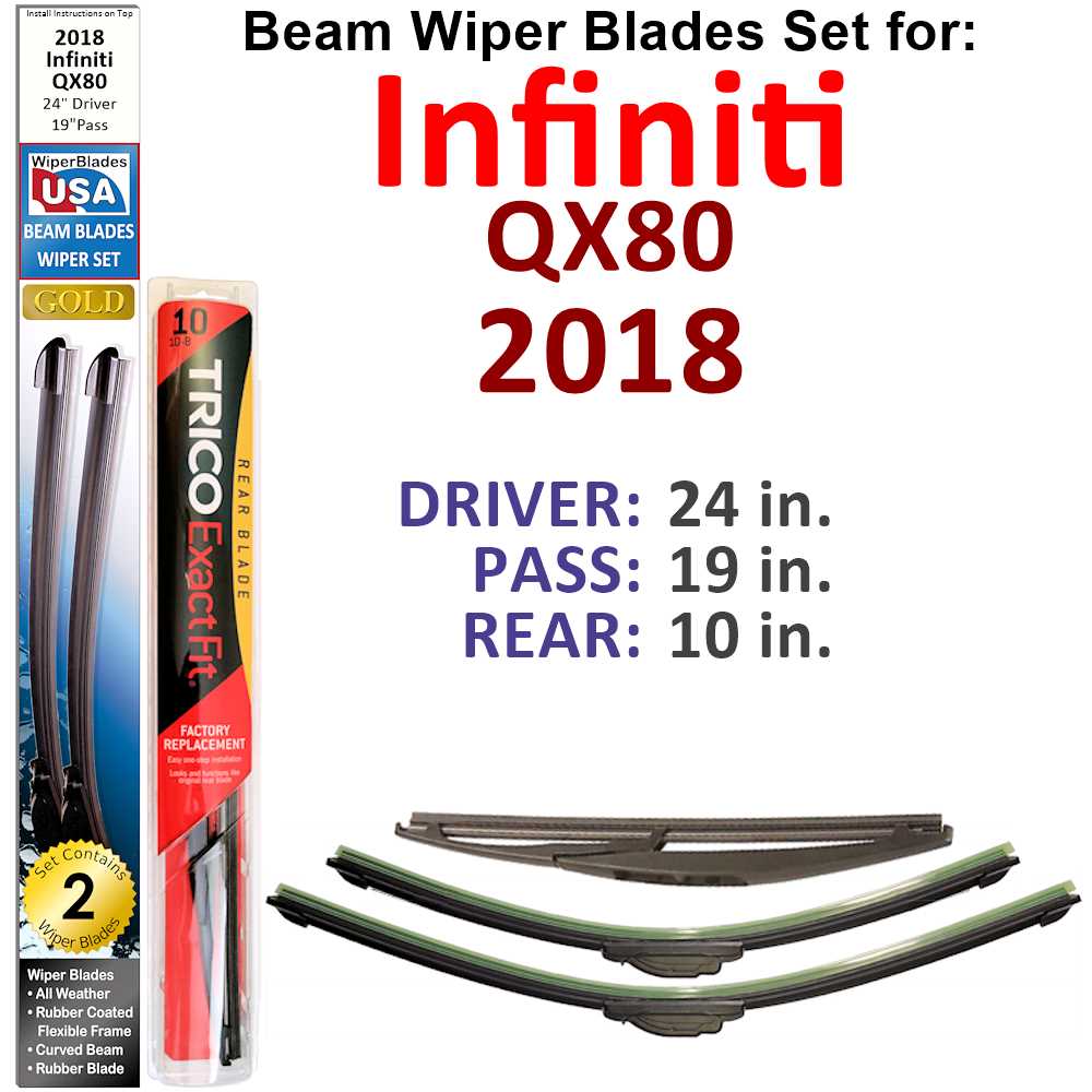 Set of 3 Beam Wiper Blades designed for 2018 Infiniti QX80, showcasing their flexible and durable construction.
