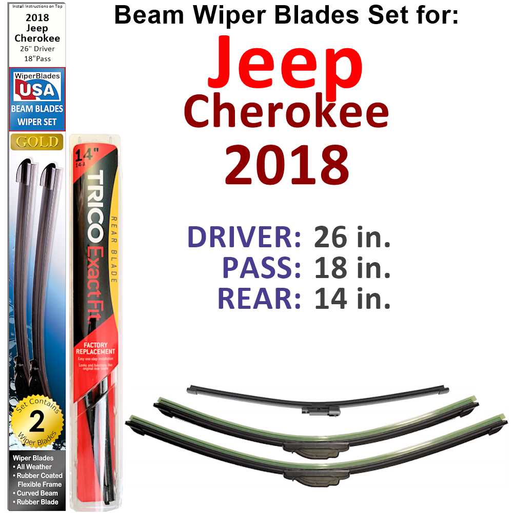 Set of 3 Beam Wiper Blades designed for 2018 Jeep Cherokee, showcasing their flexible and durable construction.