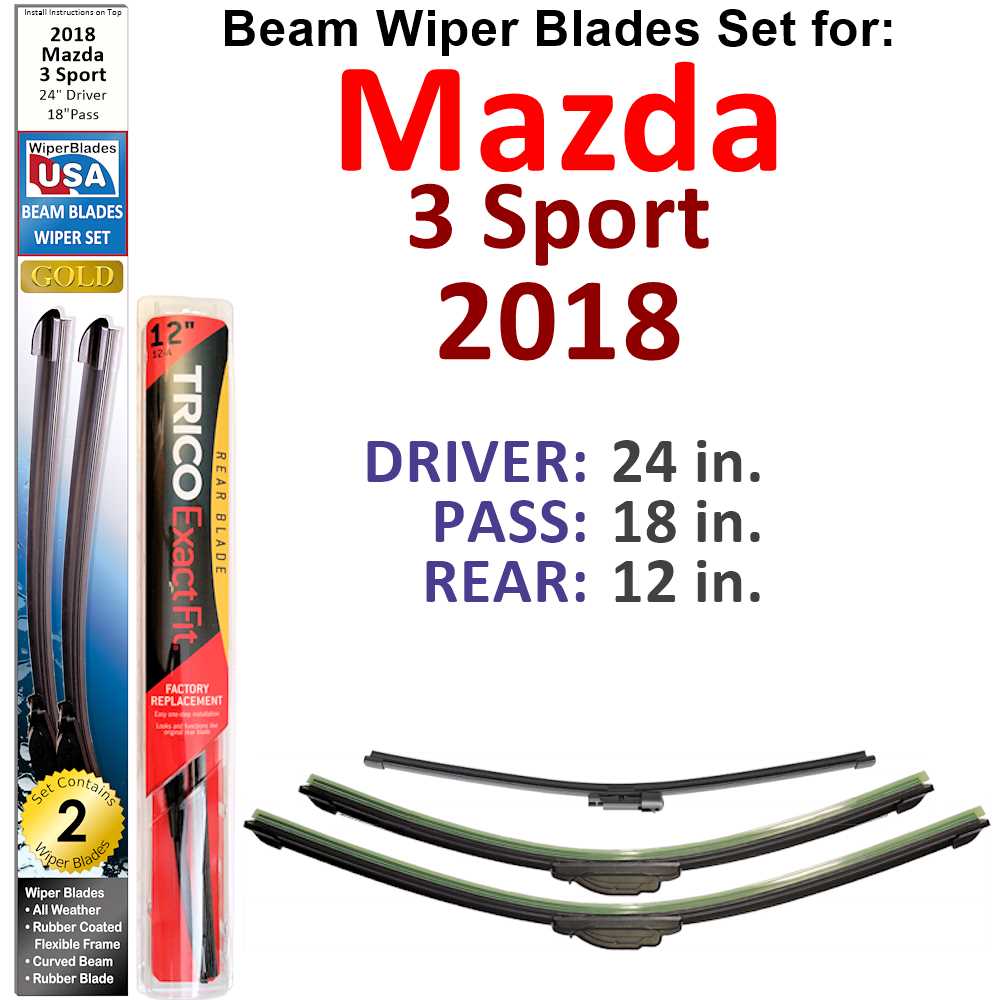 Set of 3 Beam Wiper Blades designed for 2018 Mazda 3 Sport, showcasing their sleek design and durable construction.