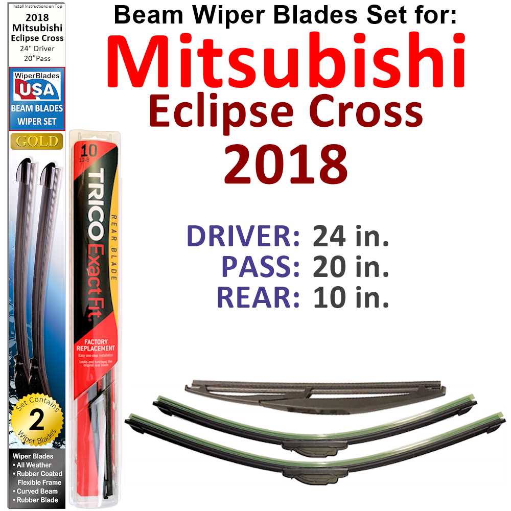 Set of 3 Beam Wiper Blades designed for 2018 Mitsubishi Eclipse Cross, showcasing their flexible and durable construction.