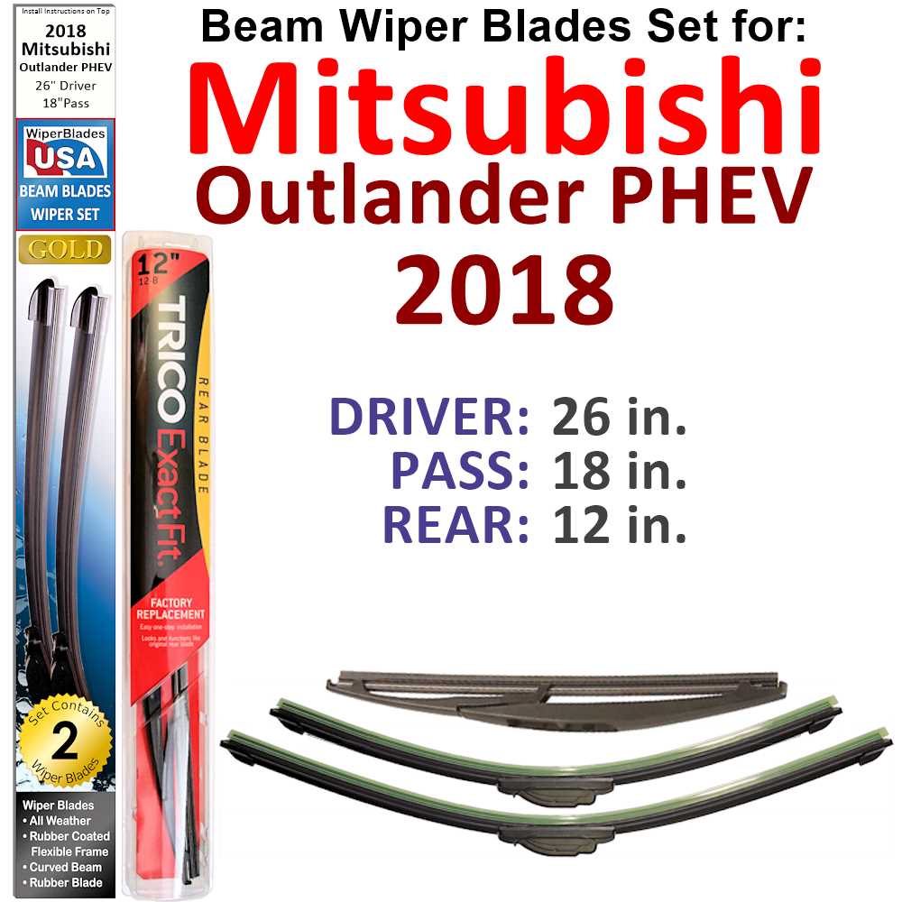 Set of 3 Beam Wiper Blades for 2018 Mitsubishi Outlander PHEV, showcasing their flexible design and durable construction.