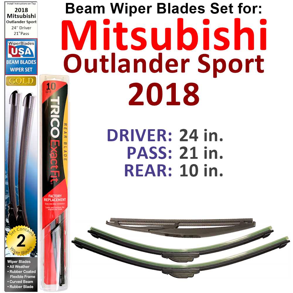 Set of 3 Beam Wiper Blades designed for 2018 Mitsubishi Outlander Sport, showcasing their flexible and durable construction.