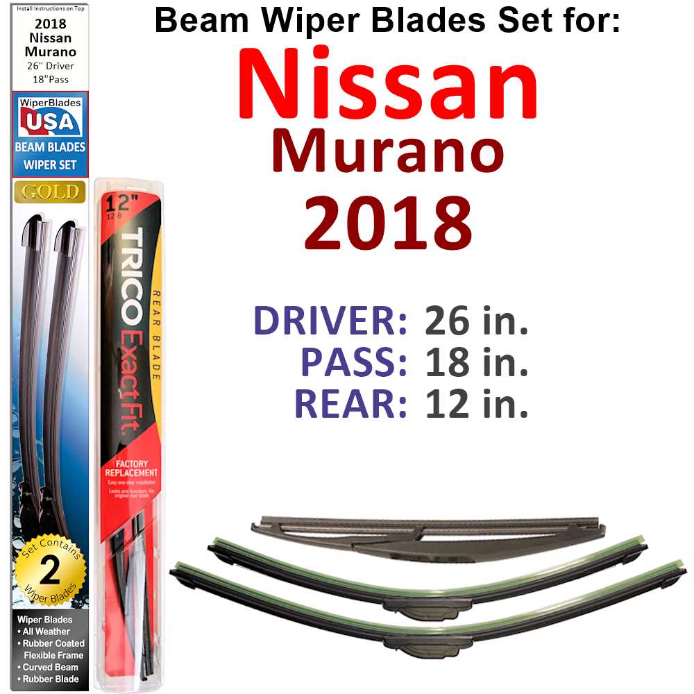 Set of 3 Beam Wiper Blades designed for 2018 Nissan Murano, showcasing their flexible and durable construction.