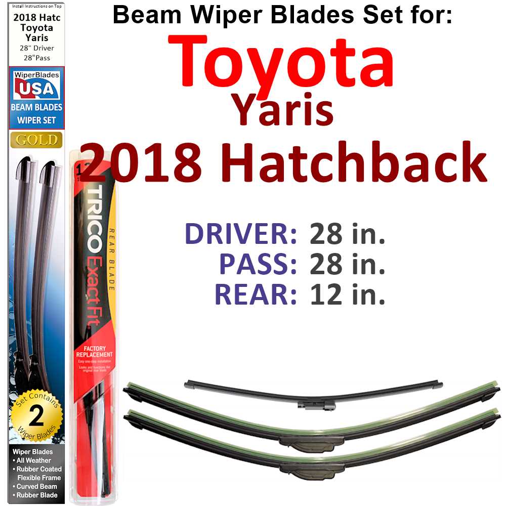 Set of 3 Beam Wiper Blades designed for 2018 Toyota Yaris Hatchback, showcasing their flexible and durable construction.