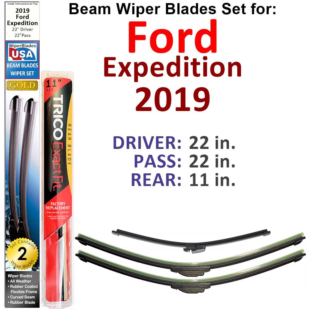 Set of 3 Beam Wiper Blades designed for 2019 Ford Expedition, showcasing their flexible and durable construction.