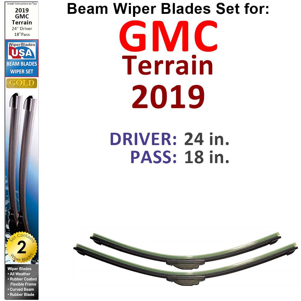 Set of two Beam Wiper Blades designed for 2019 GMC Terrain, showcasing their flexible design and rubber-encased metal spine.