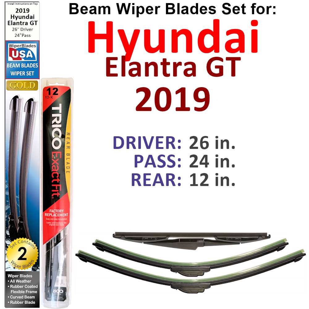 Set of 3 Beam Wiper Blades designed for 2019 Hyundai Elantra GT, showcasing their flexible and durable construction.
