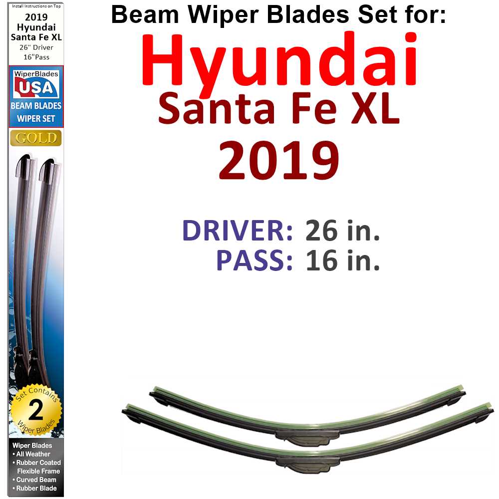 Set of two Beam Wiper Blades designed for 2019 Hyundai Santa Fe XL, showcasing their flexible and durable construction.