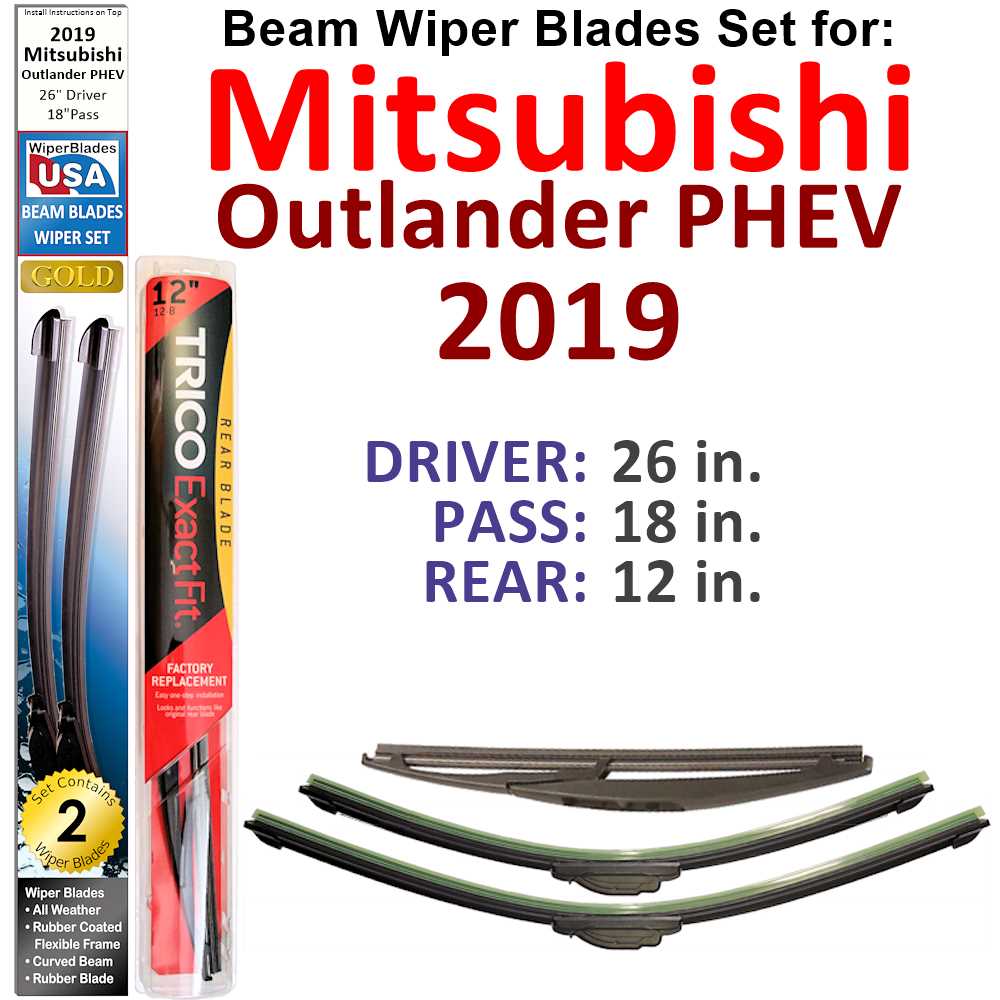 Set of 3 Beam Wiper Blades designed for 2019 Mitsubishi Outlander PHEV, showcasing their flexible and durable construction.