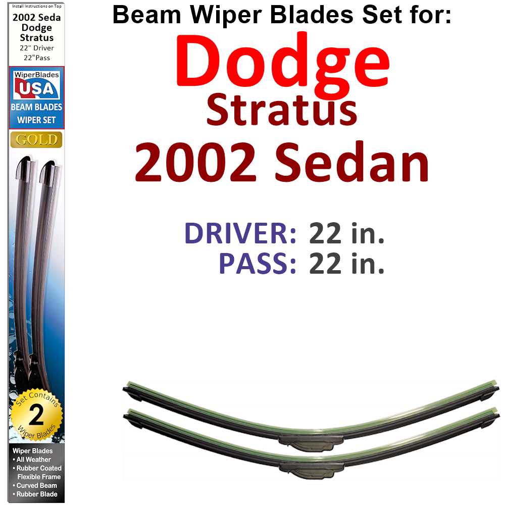 Set of two Beam Wiper Blades designed for 2002 Dodge Stratus Sedan, showcasing their flexible and durable construction.
