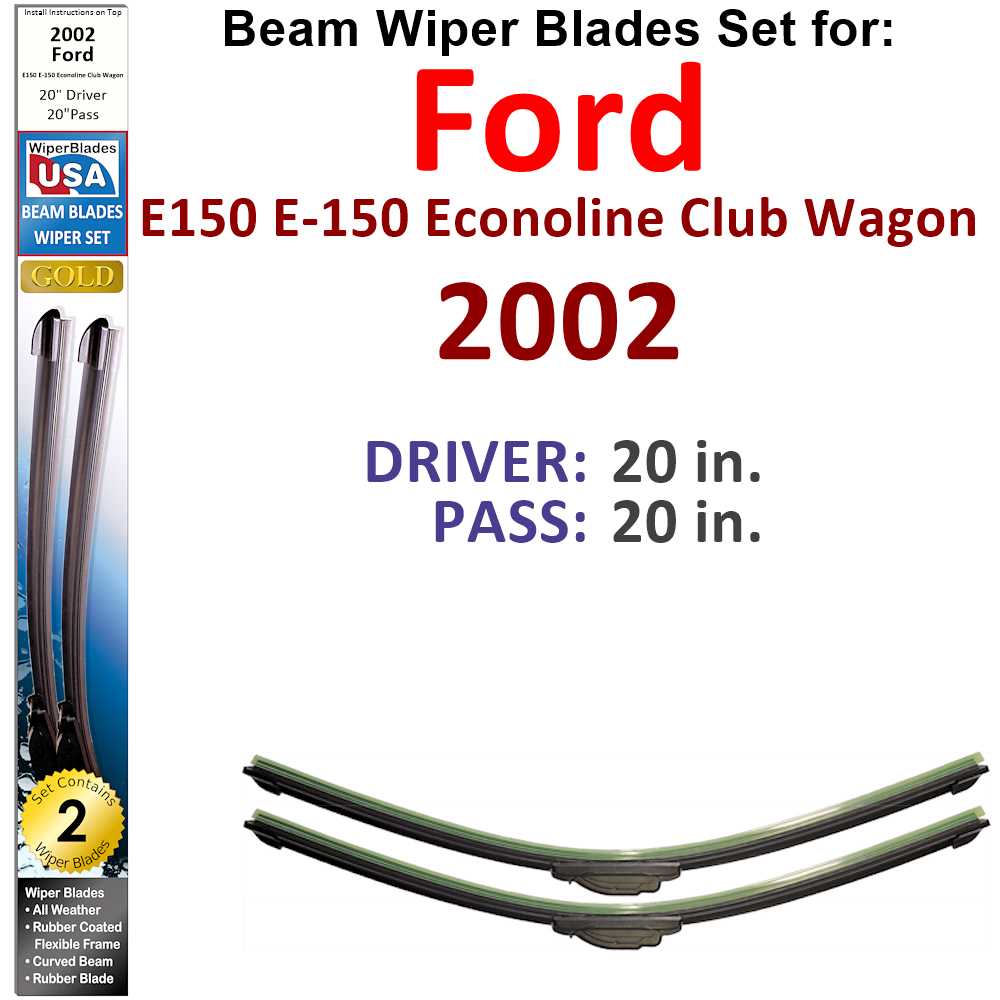 Set of Beam Wiper Blades designed for 2002 Ford E150 E-150 Econoline Club Wagon, showcasing their sleek design and durable construction.