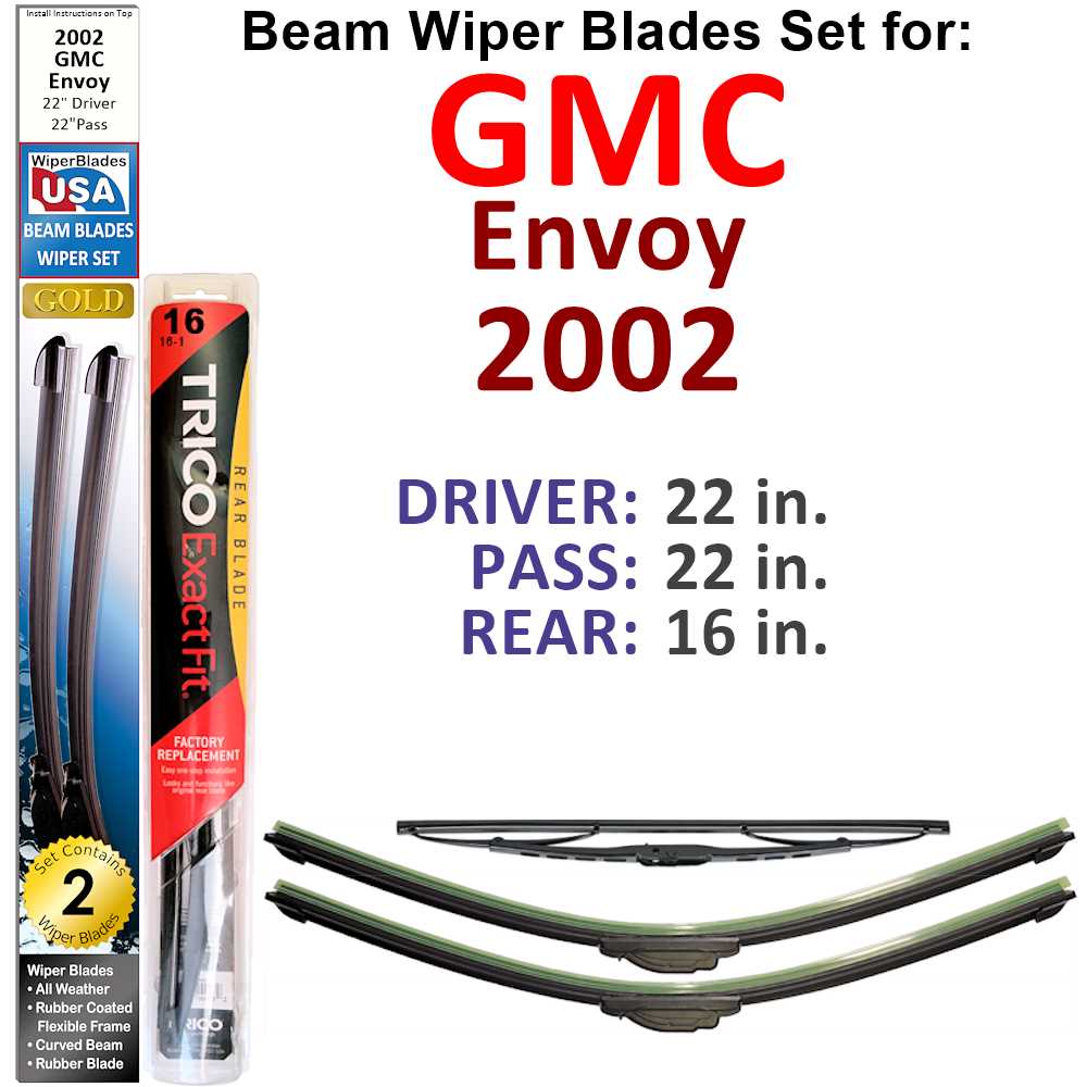 Set of 3 Beam Wiper Blades designed for 2002 GMC Envoy, showcasing their flexible and durable construction.