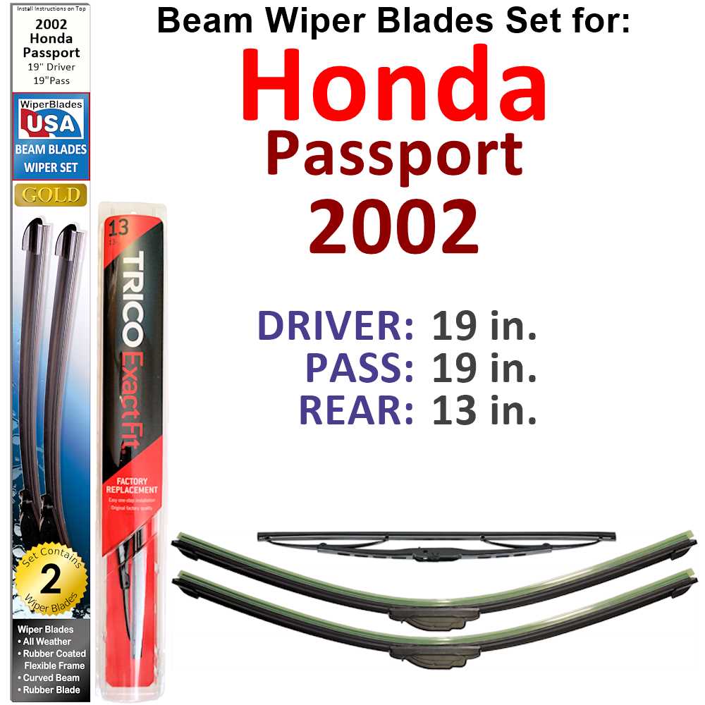 Set of 3 Beam Wiper Blades for 2002 Honda Passport, showcasing their sleek design and durable construction.