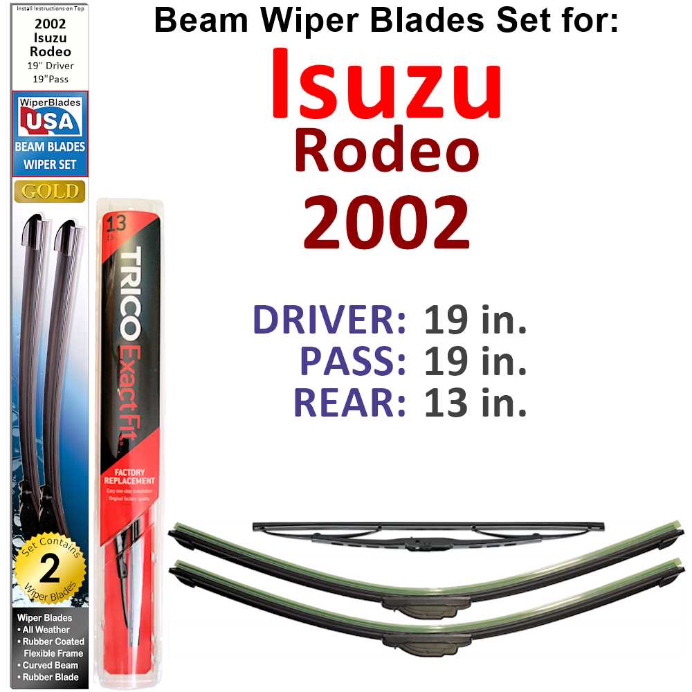 Set of 3 Beam Wiper Blades designed for 2002 Isuzu Rodeo, showcasing their flexible and durable construction.