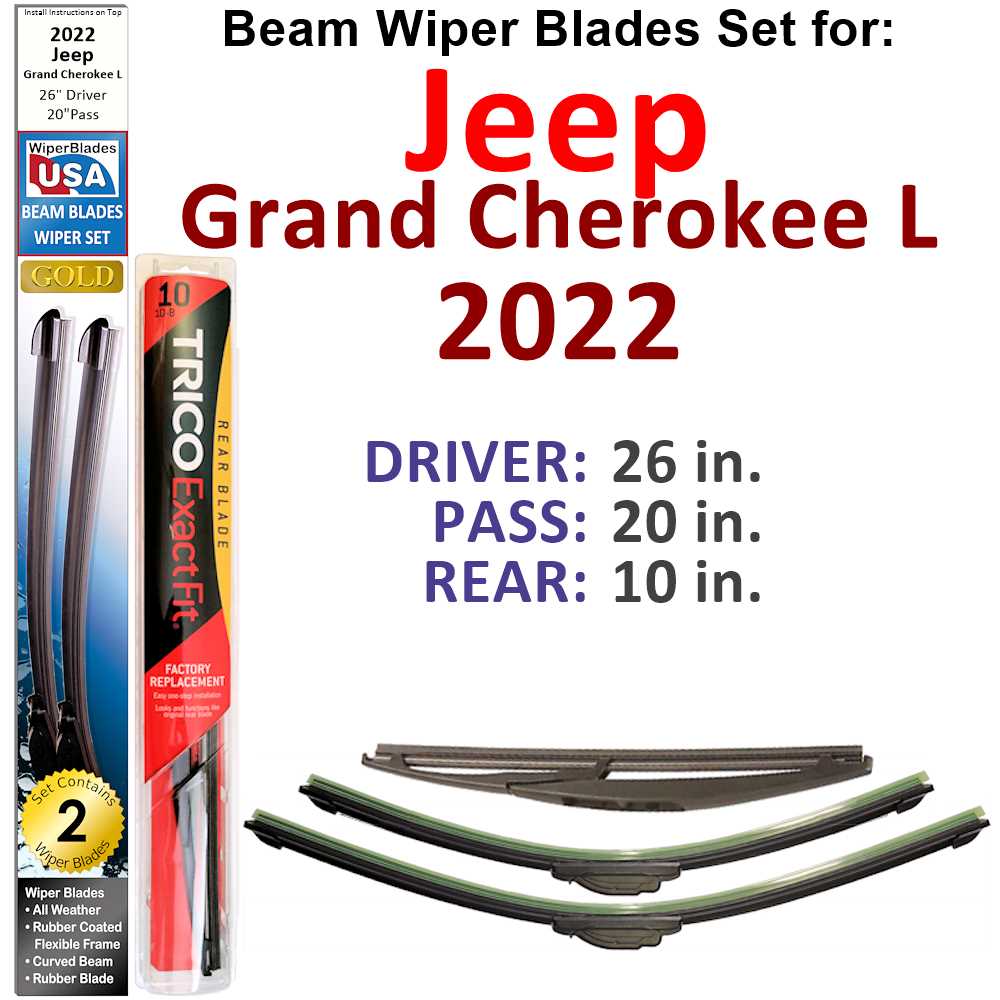Set of 3 Beam Wiper Blades designed for 2022 Jeep Grand Cherokee L, showcasing their flexible and durable construction.