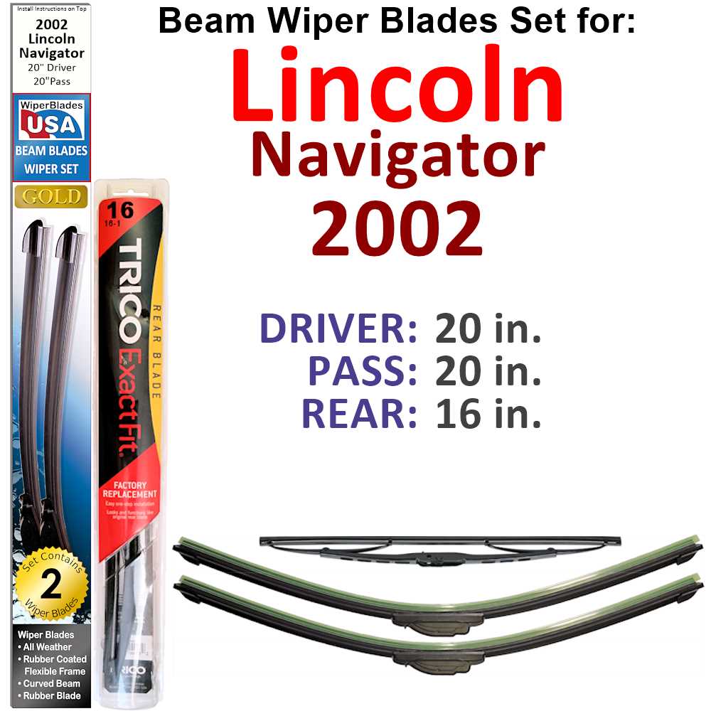 Set of 3 Beam Wiper Blades designed for 2002 Lincoln Navigator, showcasing their flexible and durable construction.