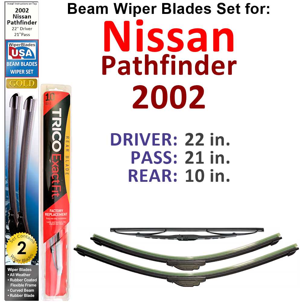Set of 3 Beam Wiper Blades designed for 2002 Nissan Pathfinder, showcasing their flexible and durable construction.