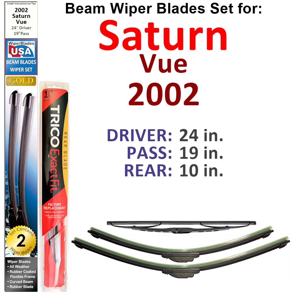 Set of 3 Beam Wiper Blades designed for 2002 Saturn Vue, showcasing their flexible and durable design.