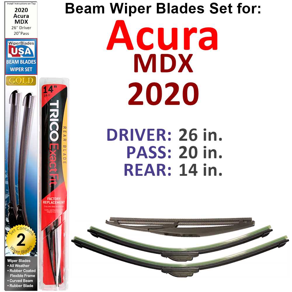 Set of 3 Beam Wiper Blades designed for 2020 Acura MDX, showcasing their flexible and durable construction.