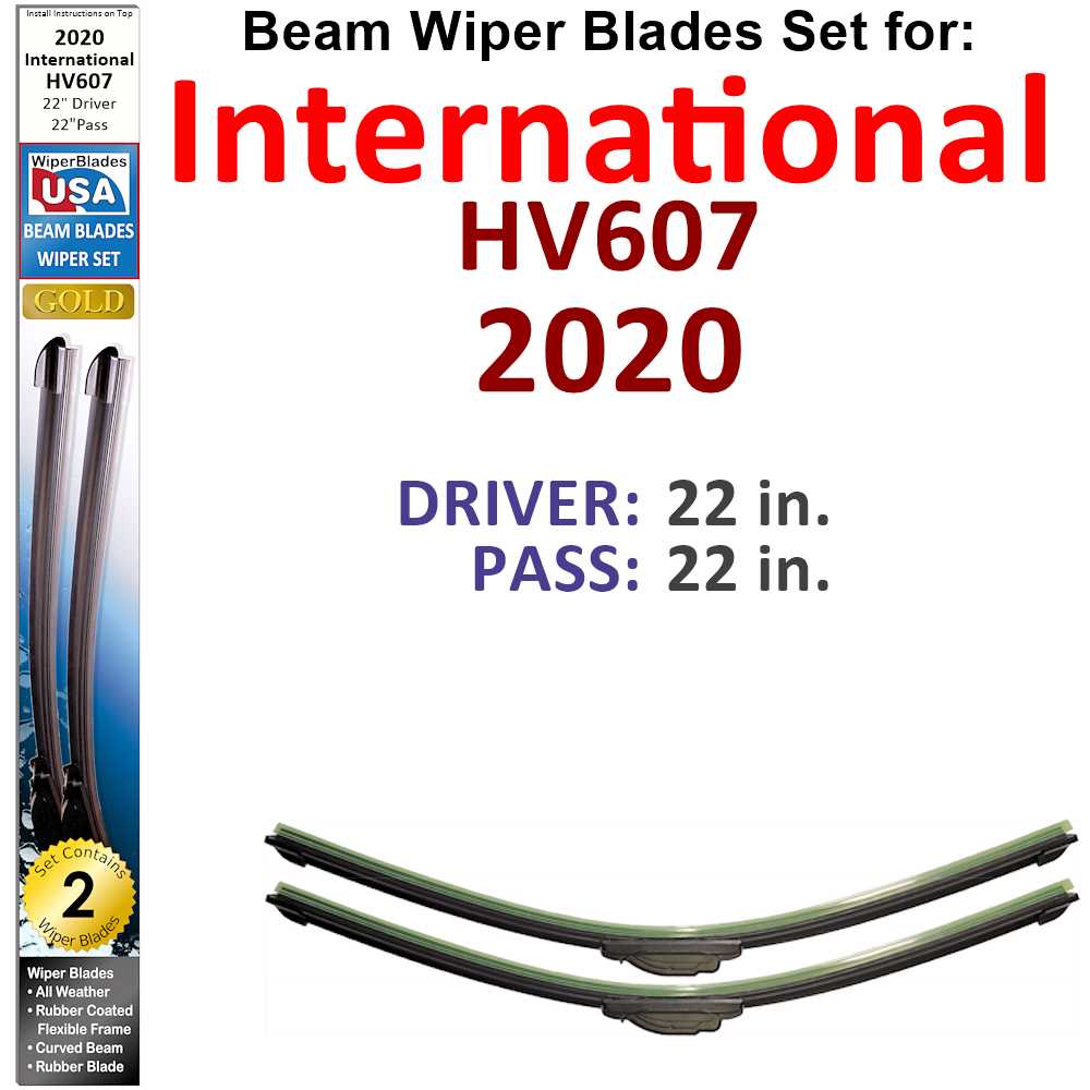 Set of 2 Beam Wiper Blades designed for 2020 International HV607, showcasing their flexible and low-profile design for optimal windshield contact.