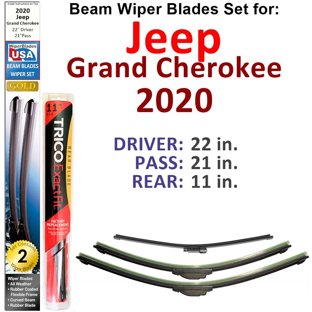 Set of 3 Beam Wiper Blades designed for 2020 Jeep Grand Cherokee, showcasing their flexible and durable design.
