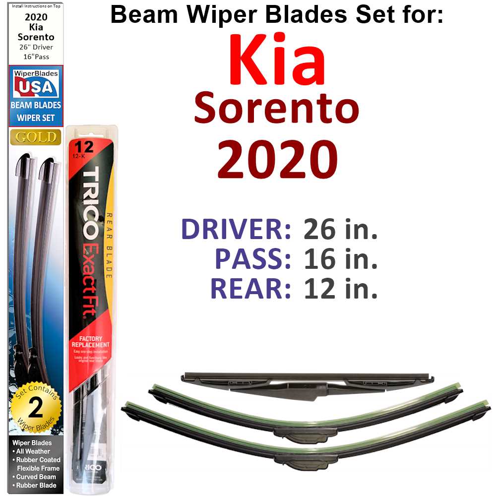 Set of 3 Beam Wiper Blades for 2020 Kia Sorento EX, showcasing their flexible design and rubber-encased metal spine.