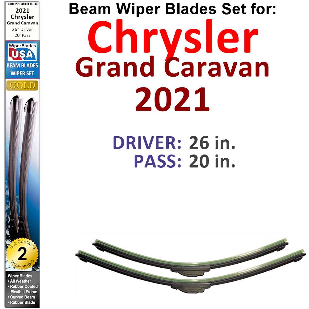 Set of 2 Beam Wiper Blades designed for 2021 Chrysler Grand Caravan, showcasing their flexible and durable construction.