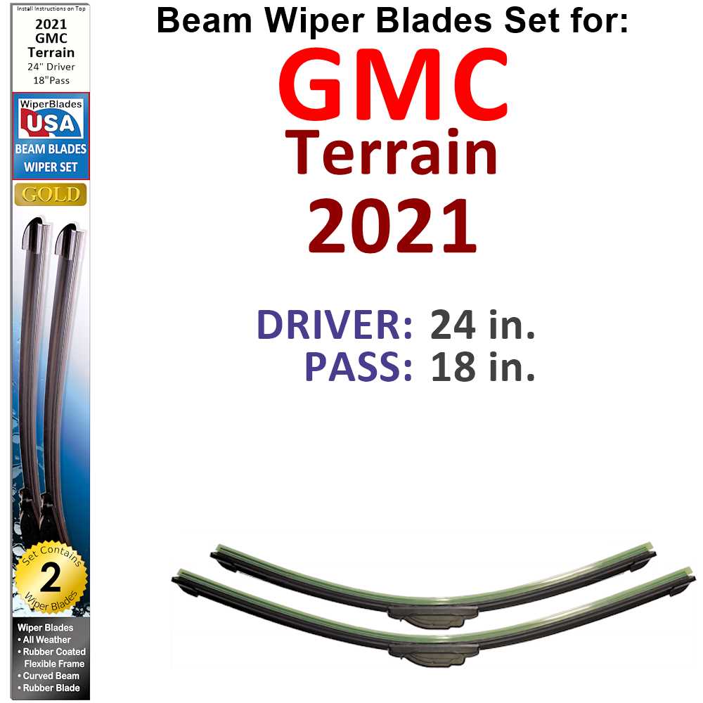 Set of 2 Beam Wiper Blades designed for 2021 GMC Terrain, showcasing their flexible and durable construction.